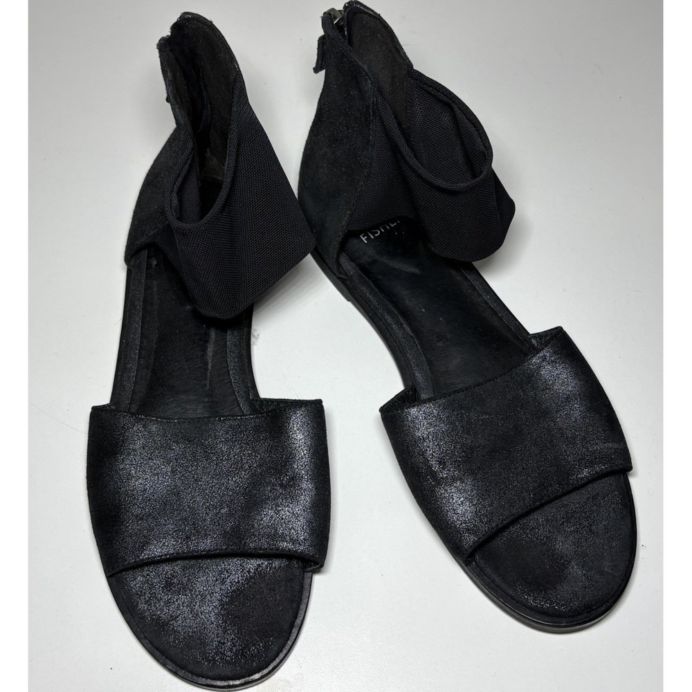 Eileen Fisher‎ Sandals Women's 7.5 Black Gray Metallic Leather Ankle Strap Zip
